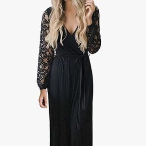 Zattcas Formal Size L Floral Lace Long Sleeve V Neck Party Long Maxi Dress navy